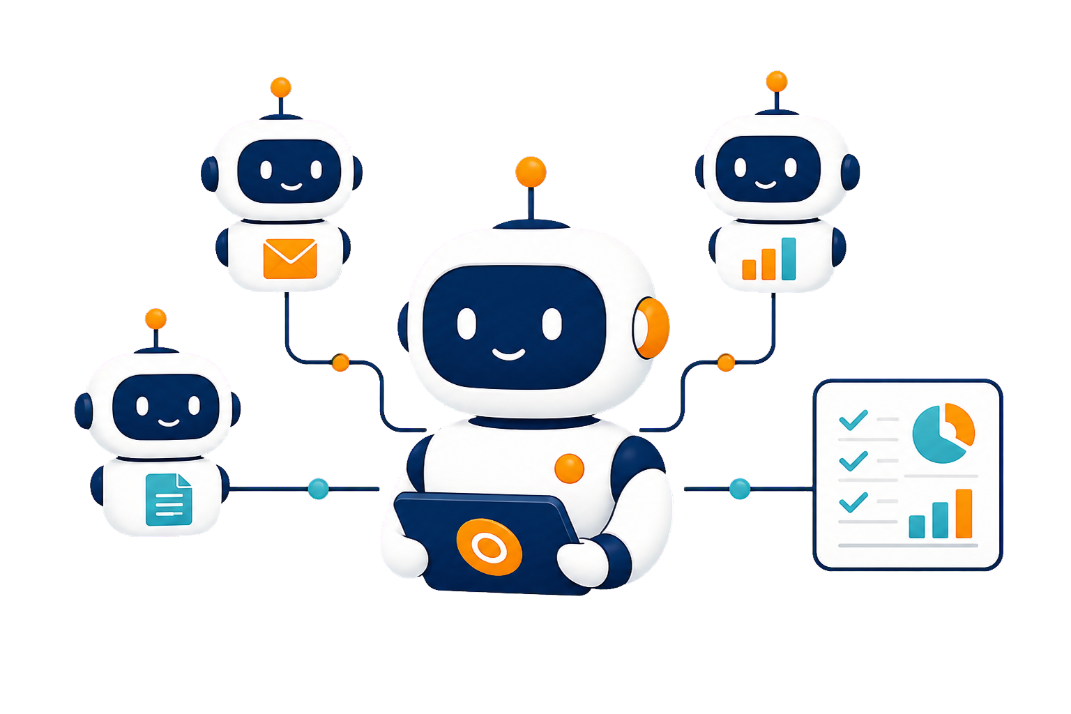役割の異なるAIと司令塔AIが連携し、結果をまとめて報告するイラスト