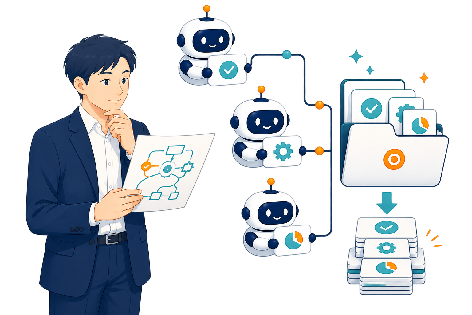 AI社員チームと担当者が、業務の仕組みと運用知見を社内に蓄積するイラスト