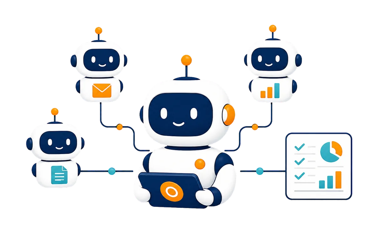 役割の異なるAIと司令塔AIが連携し、結果をまとめて報告するイラスト