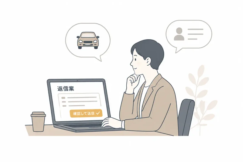 返信案を確認する中古車販売会社の担当者のイラスト