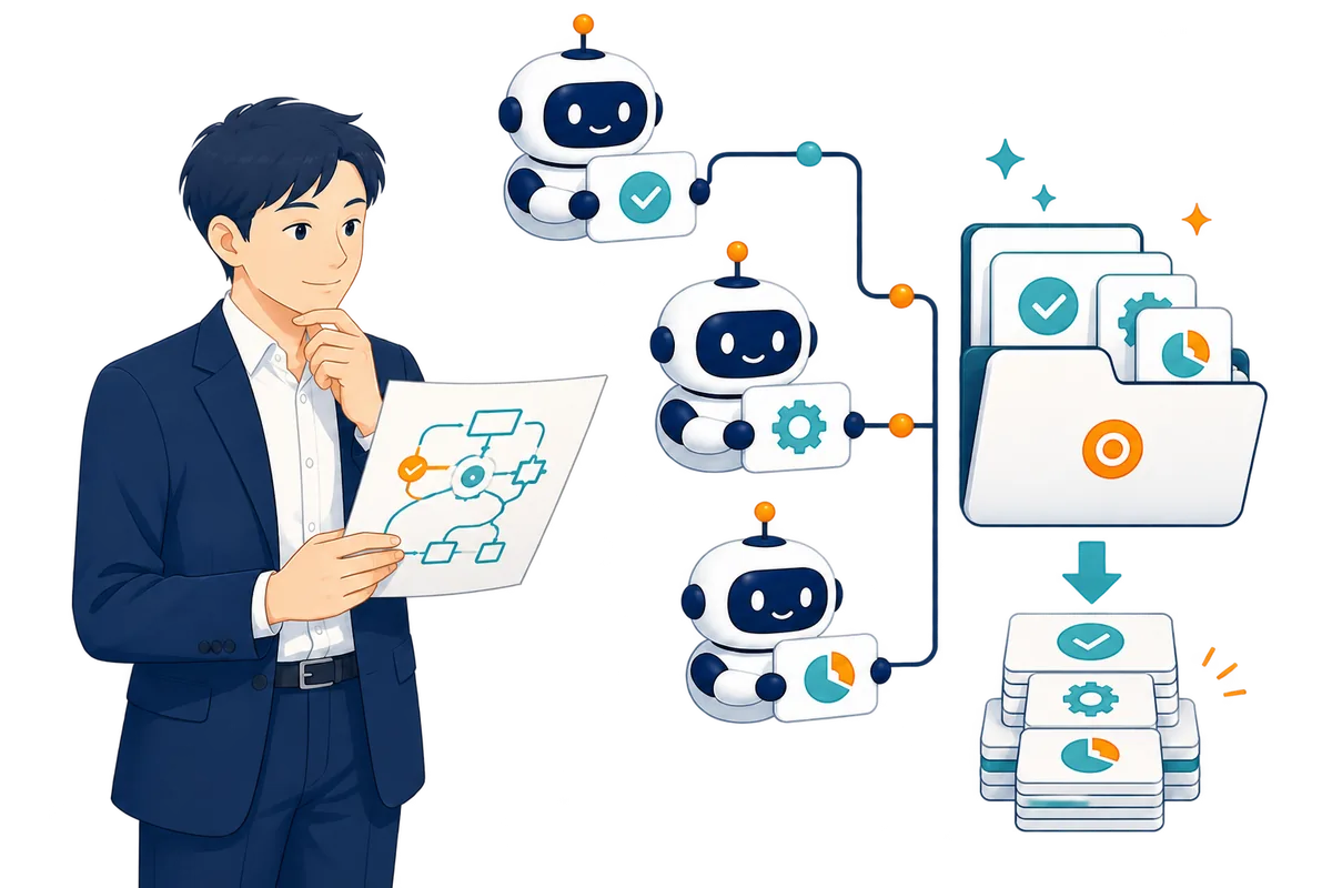 AI社員チームと担当者が、業務の仕組みと運用知見を社内に蓄積するイラスト